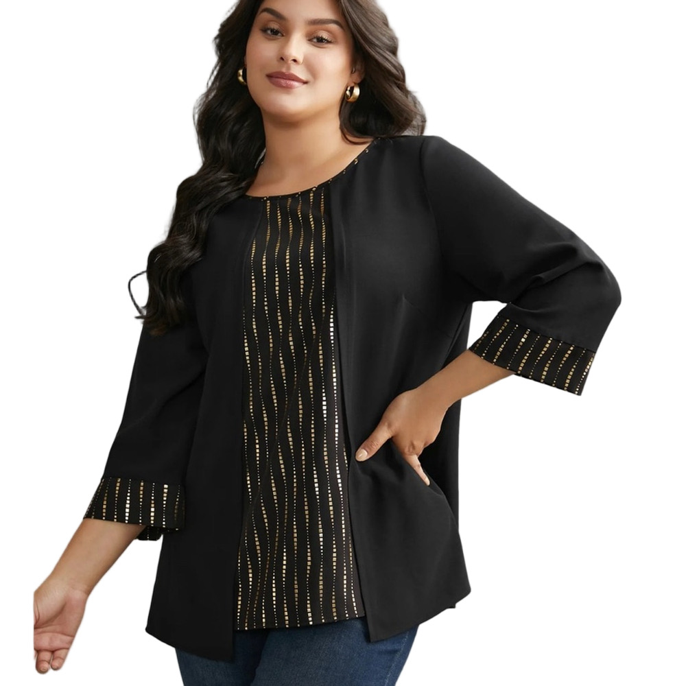 51. NWT❗️BloomChic Crewneck Glitter Patchwork Black Gold Blazer Tunic